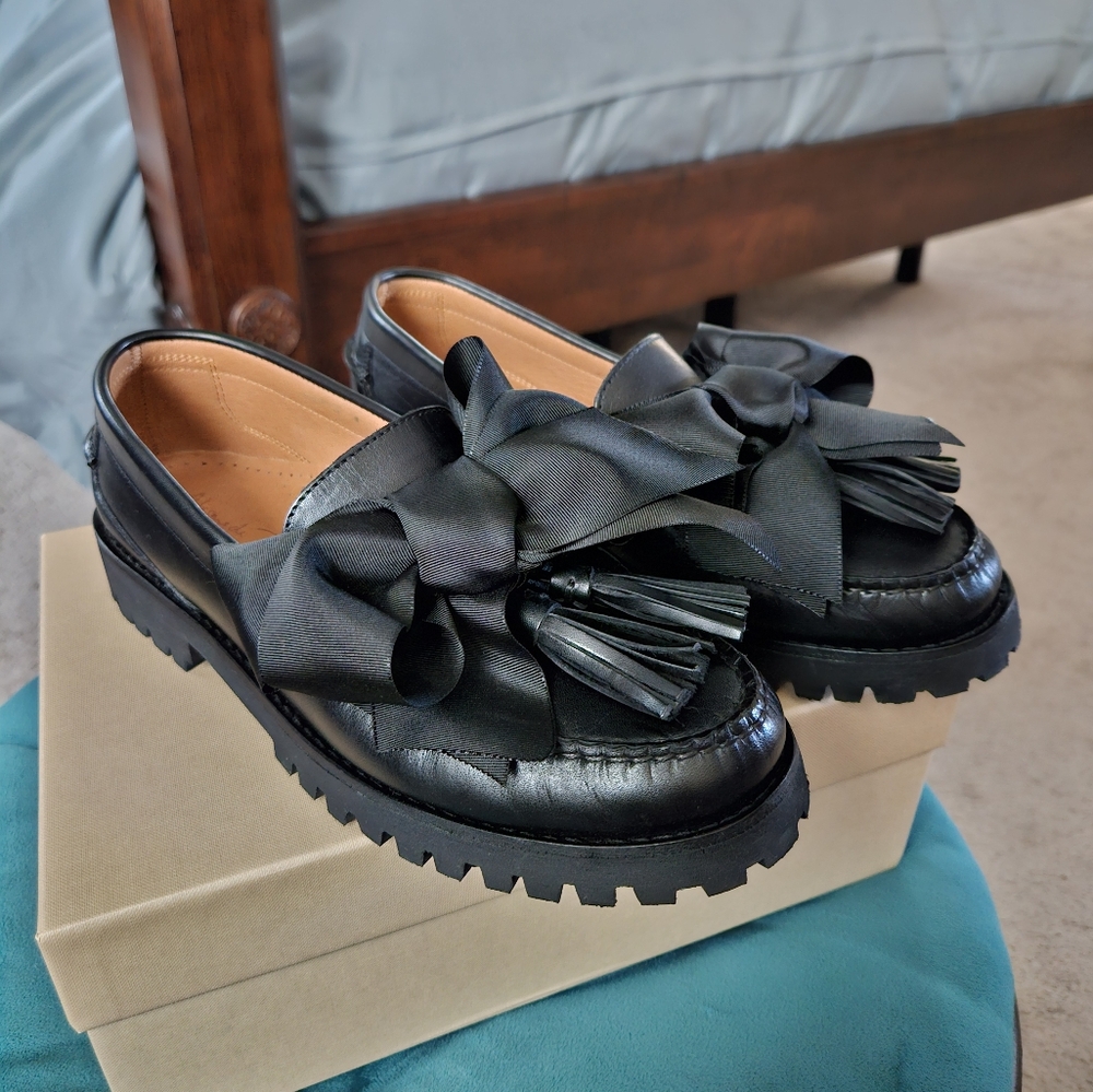 Alameda Turquesa Black Leather Loafers With Bow From Portugal Size 41